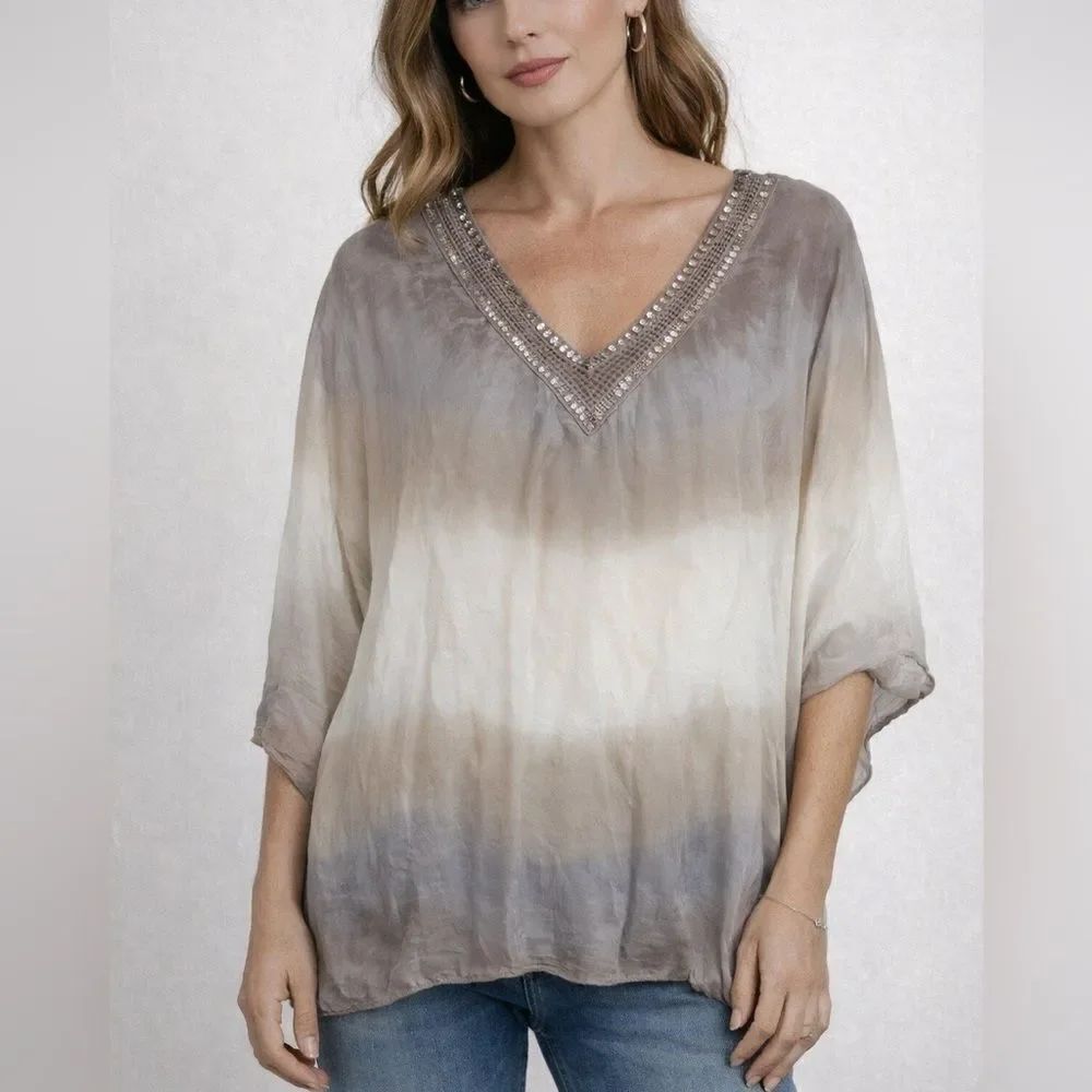 Baci Ombre Silk Viscose Sequin V-Neck Blouse Tunic Dolman Sleeve Size M